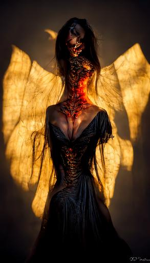 the most beautiful ocidental woman ever wearing a dress made of a rotten demon wing, artistic lighting, beautiful backlight, golden hour picture, beautiful and demonic --ar 9:16
