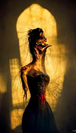 the most beautiful ocidental woman ever wearing a dress made of a rotten demon wing, artistic lighting, beautiful backlight, golden hour picture, beautiful and demonic --ar 9:16