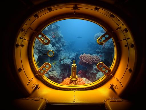 the most beautiful view of the deep sea through a submarine window, yellow submarine walls --q 2 --ar 4:3