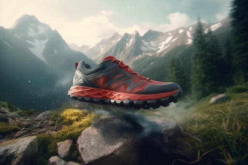the most ergonomic trail running shoe, television ad, mountains, 8K realistic lighting --ar 3:2
