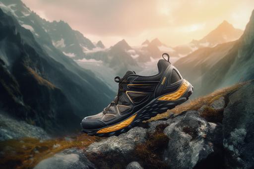 the most ergonomic trail running shoe, television ad, mountains, 8K realistic lighting --ar 3:2