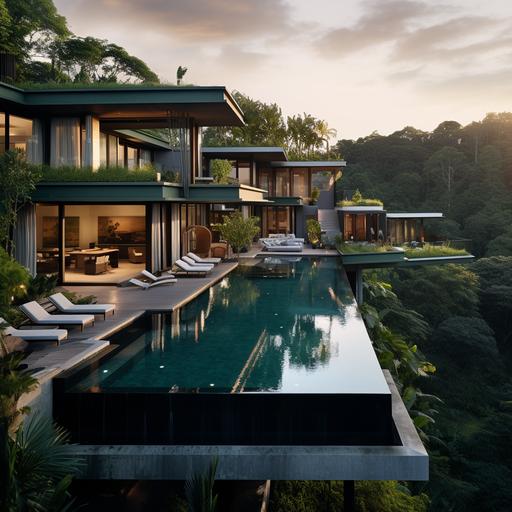 the most luxurious and classy house of thailand with a big pool surrounded by the jungle with a sunset