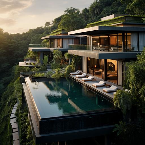 the most luxurious and classy house of thailand with a big pool surrounded by the jungle with a sunset