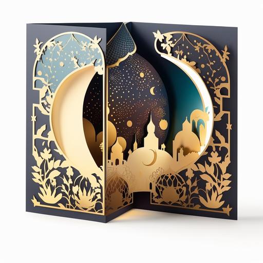 the most mesmerizing and unique Eid card, combine various design elements while maintaining balance and harmony in the overall design. Start with a pop-up card format that features a 3D crescent moon and a mosque silhouette, surrounded by stars when opened. On the front of the card, use a watercolor background in rich and vibrant colors inspired by Islamic patterns. Overlay a detailed lantern design with intricate floral motifs and arabesque patterns. Create a subtle border with delicate henna-inspired designs, which also incorporates geometric patterns and traditional Islamic elements. Inside the card, include a family photo or a picture of a beautiful mosque, blending it seamlessly with the watercolor background. Surround the photo with playful doodle illustrations of people celebrating, gifts, and traditional sweets. Use elegant Arabic calligraphy for the 