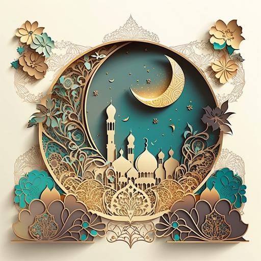 the most mesmerizing and unique front design for Eid card, combining various design elements while maintaining balance and harmony in the overall design. Featurea 3D crescent moon and a mosque silhouette, surrounded by stars when opened. On the front of the card, use a watercolor background in rich and vibrant colors inspired by Islamic patterns. Overlay a detailed lantern design with intricate floral motifs and arabesque patterns. Create a subtle border with delicate henna-inspired designs, which also incorporates geometric patterns and traditional Islamic elements. Inside the card, include a family photo or a picture of a beautiful mosque, blending it seamlessly with the watercolor background. Surround the photo with playful doodle illustrations of people celebrating, gifts, and traditional sweets. Use elegant Arabic calligraphy for the 