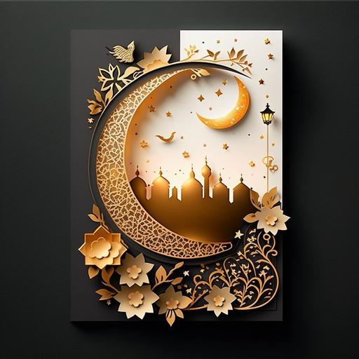 the most mesmerizing and unique front design for Eid card, combining various design elements while maintaining balance and harmony in the overall design. Featurea 3D crescent moon and a mosque silhouette, surrounded by stars when opened. On the front of the card, use a watercolor background in rich and vibrant colors inspired by Islamic patterns. Overlay a detailed lantern design with intricate floral motifs and arabesque patterns. Create a subtle border with delicate henna-inspired designs, which also incorporates geometric patterns and traditional Islamic elements. Inside the card, include a family photo or a picture of a beautiful mosque, blending it seamlessly with the watercolor background. Surround the photo with playful doodle illustrations of people celebrating, gifts, and traditional sweets. Use elegant Arabic calligraphy for the 