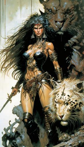 the most powerful female barbarian warrior, fitness bulky muscular female perfect body, leather and fur coat, metal armor , swinging a huge sword in the air, riding a formidable bulky giant feral snarling fierce battle cat beast, battle scarred striped big cat with large fangs, heavy metal magazine style, 80s style, boris vallejo style, luis royo style, dramatic dusk lightning, --ar 9:16 --v 4