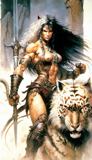 the most powerful female barbarian warrior, fitness bulky muscular female perfect body, leather and fur coat, metal armor , swinging a huge sword in the air, riding a formidable bulky giant feral snarling fierce battle cat beast, battle scarred striped big cat with large fangs, heavy metal magazine style, 80s style, boris vallejo style, luis royo style, dramatic dusk lightning, --ar 9:16 --v 4