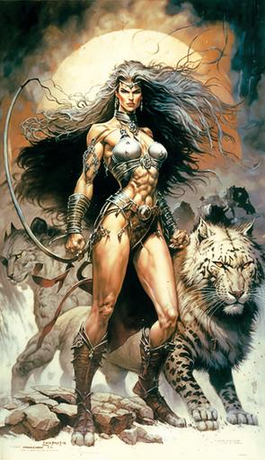 the most powerful female barbarian warrior, fitness bulky muscular female perfect body, leather and fur coat, metal armor , swinging a huge sword in the air, riding a formidable bulky giant feral snarling fierce battle cat beast, battle scarred striped big cat with large fangs, heavy metal magazine style, 80s style, boris vallejo style, luis royo style, dramatic dusk lightning, --ar 9:16 --v 4