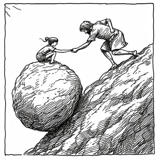 the myth of sisyphus as a metaphor for parenting, the Sisyphus parent pushes their boulder child up the hill of life, New Yorker monochrome line cartoon depicts parenting as a Sisyphean task --v 6.0