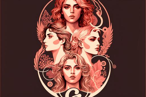 the number 8 constructed by different women faces, award-winning logo design , symmetric composition, light red-pinkish color palatte, symbolism, fashion, international womens day --v 4 --ar 3:2