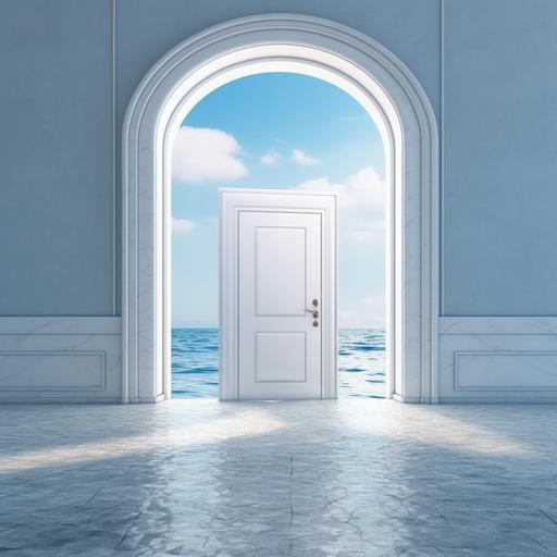 the ocean, in the middle just a white door door that appear in the middle of the ocean but doesnt toch the water, just above it. the sea is very calm, the door is elegant and minimal and is opn, inside the door there is a event in modern style but elegant and luxury with some technological parts and led light
