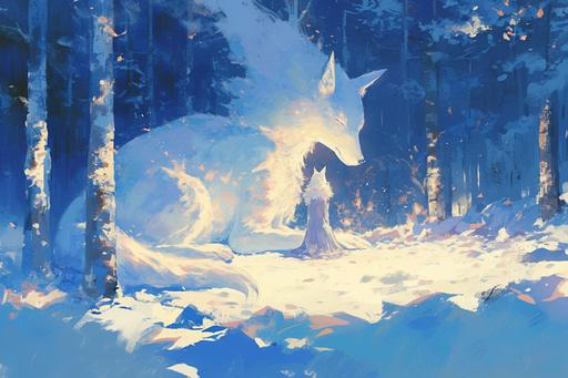 the old winter oak, light of protection, whisper, white spirit wolf, moonlight meeting, evening in the snowflakes wood, fairytale --ar 3:2 --niji 6