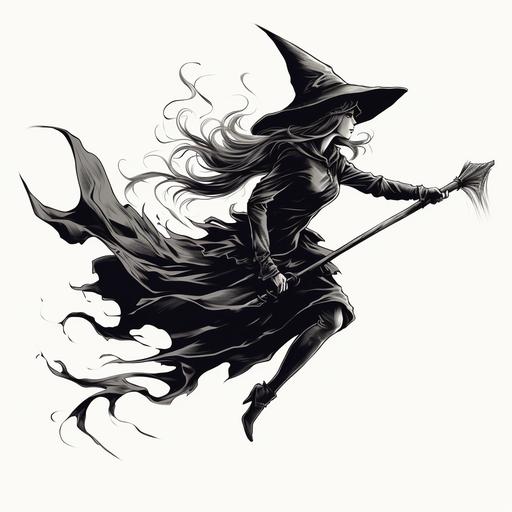 the outline of a witch on a broom, black and white, line art, no shadowing