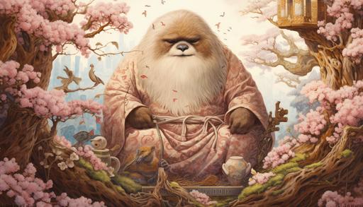 the paintings of big fat sloth wizard sitting in a field of blossoming trees, in the style of detailed character illustrations, asian-inspired --ar 7:4