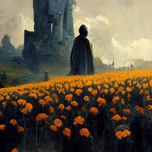 the paladin stands in a field of Marigolds --uplight