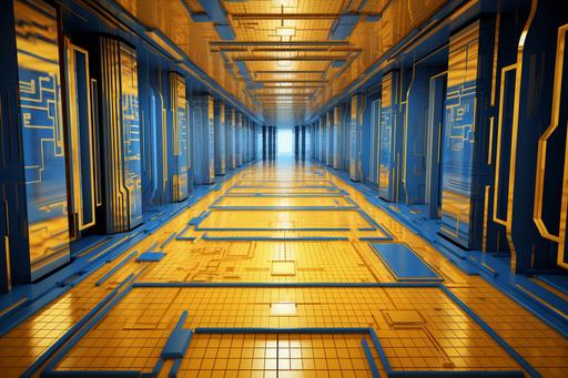 the path is in the middle of a yellow tiled floor, in the style of cybernetic sci-fi, intel core, dark gold and azure, cloudcore, stimwave, intricate architectures, associated press photo --ar 128:85