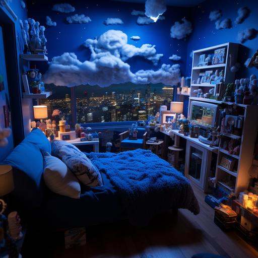 the perfect bedroom for someone that loves falling asleep to the sound of the rain with fake clouds made out of wool sticked from the ceiling with blue led behind mimicking thunder. There’s a lot of storage area like shelves and furnitures with gamer neon’s lamp figurines and plushies on them. We can see the city’s Skyline from the window
