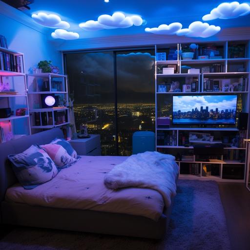 the perfect bedroom for someone that loves falling asleep to the sound of the rain with fake clouds made out of wool sticked from the ceiling with blue led behind mimicking thunder. There’s a lot of storage area like shelves and furnitures with gamer neon’s lamp figurines and plushies on them. We can see the city’s Skyline from the window