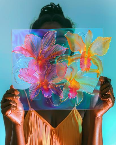 the person holds a translucent picture of flowers in front of face, in the style of bold colors, dynamic lines, bold colors, made of wire, serene face, gold doodle overlay of dendrobiums --ar 4:5 --v 6.0