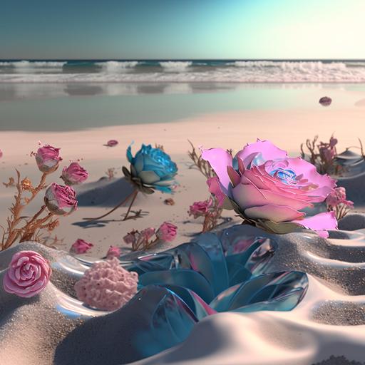 the picture is transparent, beach in maldivers with many pink and blue roses, silver sand, ransparent form, surreal, detail, super clean, unreal engine, wide angel,4k,--ar16:9--v5