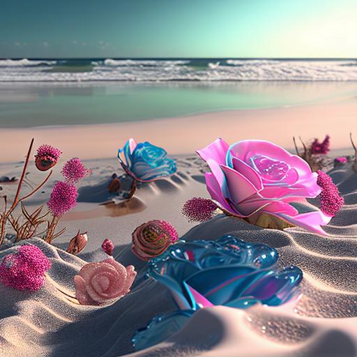 the picture is transparent, beach in maldivers with many pink and blue roses, silver sand, ransparent form, surreal, detail, super clean, unreal engine, wide angel,4k,--ar16:9--v5