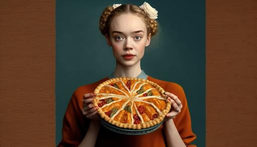 the pie maker, 🥧, π, :: People who don't exist Wes Anderson colors outfits, and dark backgrounds, fashion photography models, slim bodies, beautiful faces, hands, long legs, hats, scarves, flowers, donuts, dramatic atmosphere, Photo-realistic, hyper-realistic, ultra-realistic, 4k, --ar 16:9 --uplight --c 60