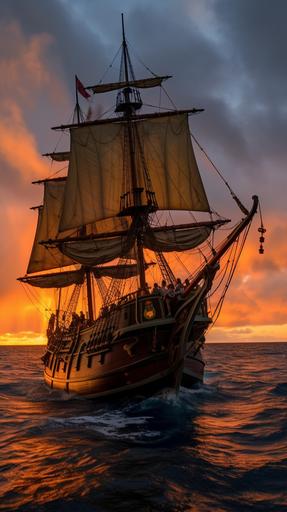 the polyester sails of Blackbeard's pirate ship full to the wind , broadsides fire at enemy ships , in sunset Bahamas --ar 9:16