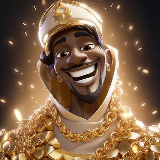 the prince in the aladin cartoon with diamond and grillz in his mouth, gold chains smiling like in a rap cover, cartoon style, unreal engine