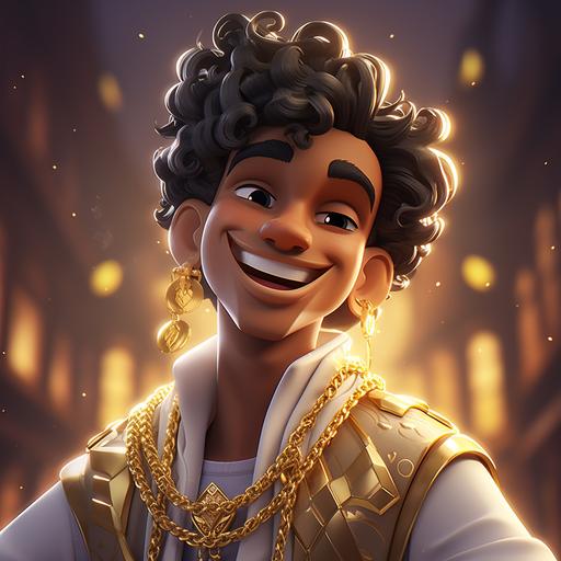 the prince in the aladin cartoon with diamond and grillz in his mouth, gold chains smiling like in a rap cover, cartoon style, unreal engine