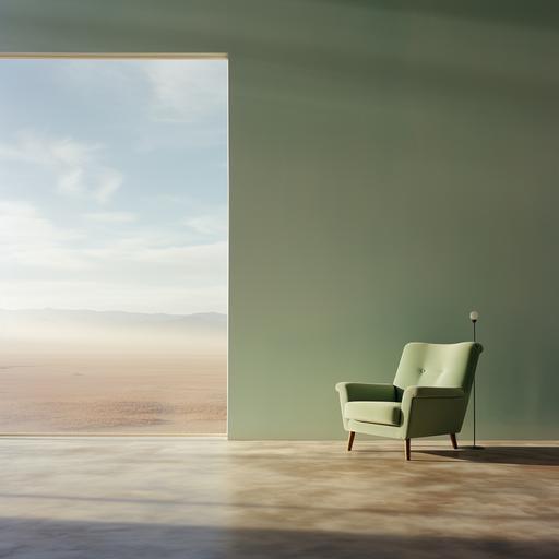 the pulse of a chair in a minimalistic room with large windows showing a desert landscape, smoke, minimalistic bauhaus style, light pastel green and light pastel purple, liminal space, dappled lighting, professional photography, depths of field --upbeta --q 2 --s 250