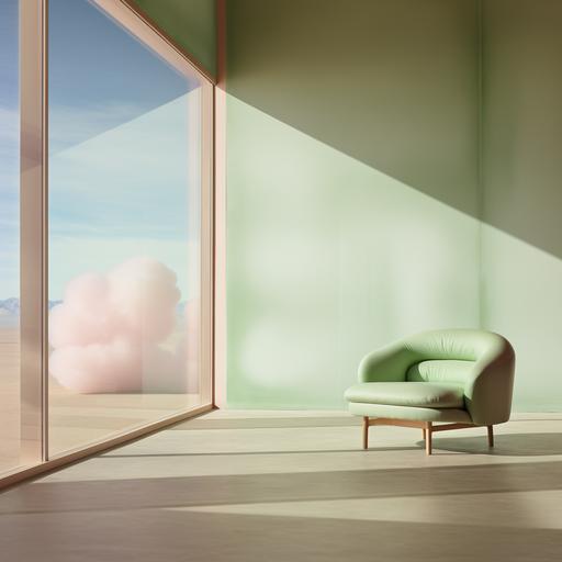 the pulse of a chair in a minimalistic room with large windows showing a desert landscape, smoke, bauhaus style, light pastel green and light pastel purple, liminal space, dappled lighting, professional photography, depths of field --chaos 10 --upbeta --s 250