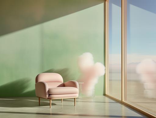 the pulse of a chair in a minimalistic room with large windows showing a desert landscape, smoke, bauhaus style, light pastel green and light pastel purple, liminal space, dappled lighting, professional photography, depths of field --ar 4:3 --chaos 10 --upbeta --q 2 --s 250