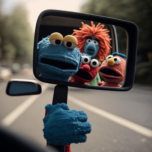 the puppets taking a selfie in a traffic mirror