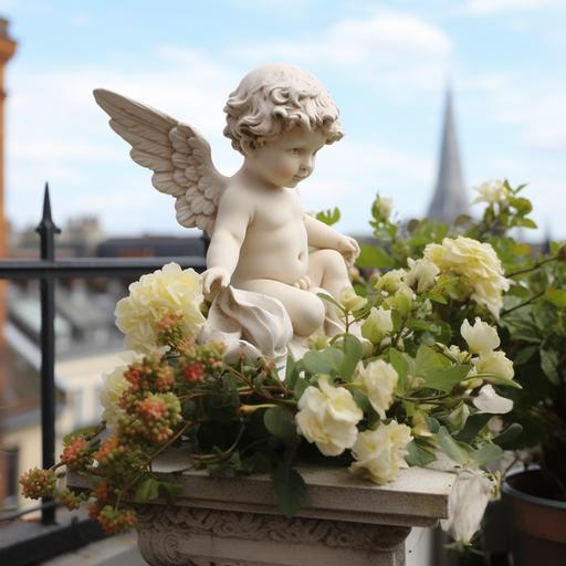 the putto should still be a white statue even if it is fantastic. Can you add more plants and flowerrs in the rooftop garden?