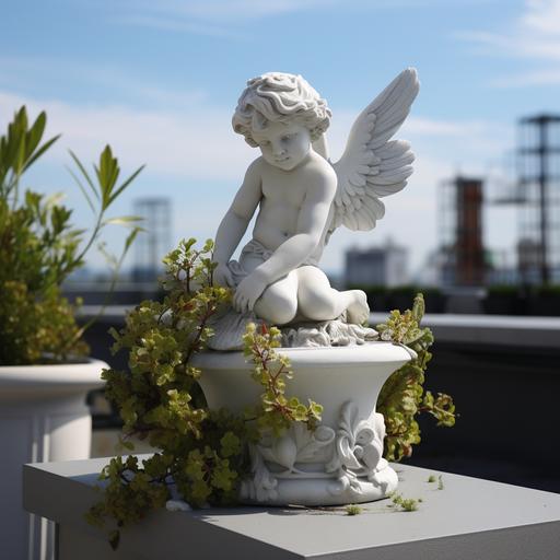 the putto should still be a white statue even if it is fantastic. Can you add more plants and flowerrs in the rooftop garden?
