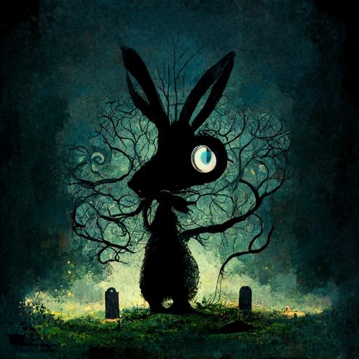 the rabbit from Alice in Wonderland, broken clock, dark, graveyard, scary tree, sad, crying