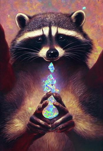 the raccoon dipped it's paws in liquid opal paint as initiation into the secret squire club, Zalinski and Robert Williams --ar 3:5 --a1a