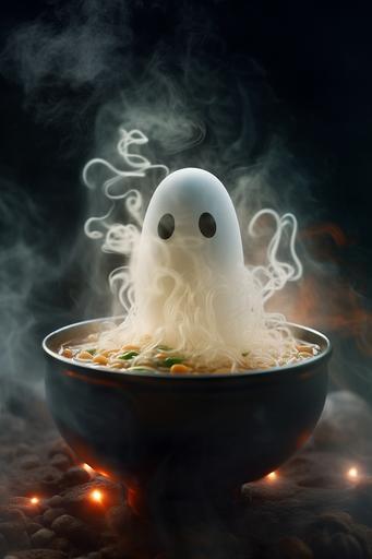 the ramen soup ghost. warm, delicious steaming soup as spiritual being. ghostly shape with egg half, veggies, shiitake and herbs. hyper realistic in 8K movie scene, high quality particle and lighting effects. umami interpretation of the ghost --ar 2:3 --v 5