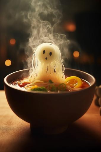 the ramen soup ghost. warm, delicious steaming soup as spiritual being. ghostly shape with egg half, veggies, shiitake and herbs. hyper realistic in 8K movie scene, high quality particle and lighting effects. umami interpretation of the ghost --ar 2:3 --v 5