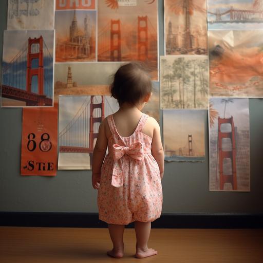the rear perspective of a one year old girl in a cute dress looking at the images of the Golden Gate Bridge, a peach, the musician John Mayer, the Georgetown University logo, the national flag of Georgia, a flying pig, the message 