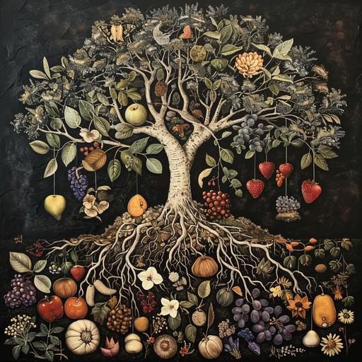 the roots support the branches, twigs and flowers and the fruit fertilises the roots. all systems in nature are interconnected. accumulated energy is recycled and used to support people lower down in the hierarchy.