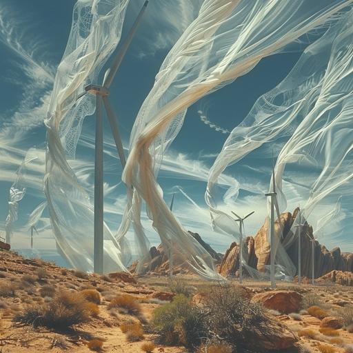 the rustic army of too many wizards,photo, too many wizards towers futuristic wind turbines all in the peaceful red desert with white fabric draped landscape and gentle breezes of flowing spiderwebs * - Image #2  --v 6.0 --s 250