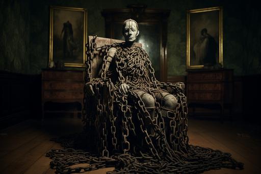 the sculpture made of rusty chains and padlocks. the sculpture is shaped like a human. the background is a victorian sitting room. vintage daguerrotype. --ar 3:2