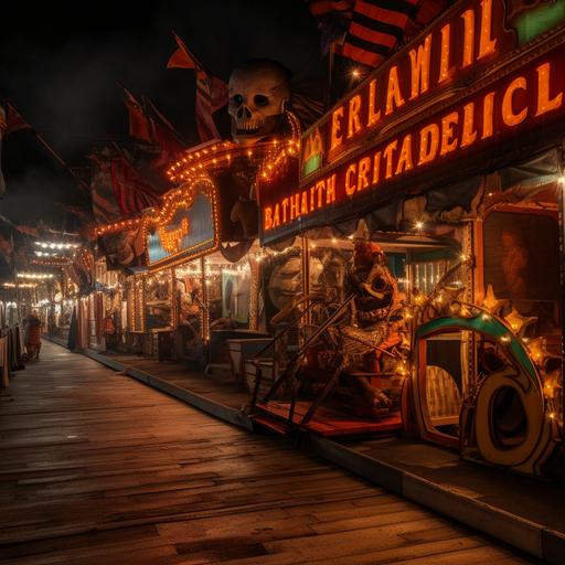the skeletal circus derails near the boardwalk, highly detailed, evil carnival, fantasy horror, dramatic lighting, led signs --v 5