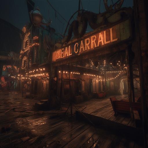 the skeletal circus derails near the boardwalk, highly detailed, evil carnival, fantasy horror, dramatic lighting, led signs --v 5