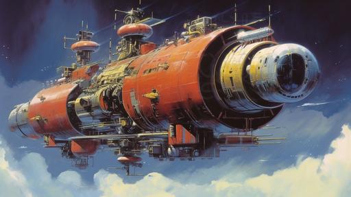 the slick futurepunk spacecraft charybdis explores the solar system skylla, futurism art style, dynamic composition and high contrast, dramatic, influences from chris foss and John Berkey and ralph mcquarrie, masterpiece --ar 16:9 --s 250 --c 20 --v 5.1