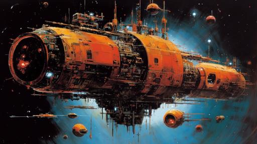 the slick futurepunk spacecraft charybdis explores the solar system skylla, futurism art style, dynamic composition and high contrast, dramatic, influences from chris foss and John Berkey and ralph mcquarrie, masterpiece --ar 16:9 --s 250 --c 20 --v 5.1