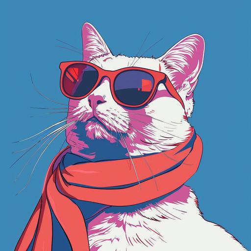 the space pirate cat is wearing sunglasses and a scarf on blue, in the style of pop inspo, simple, colorful illustrations, light pink and red, jessie arms botke, hallyu, cute and colorful, vacation dadcore --v 6.0
