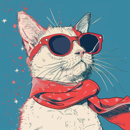 the space pirate cat is wearing sunglasses and a scarf on blue, in the style of pop inspo, simple, colorful illustrations, light pink and red, jessie arms botke, hallyu, cute and colorful, vacation dadcore --v 6.0